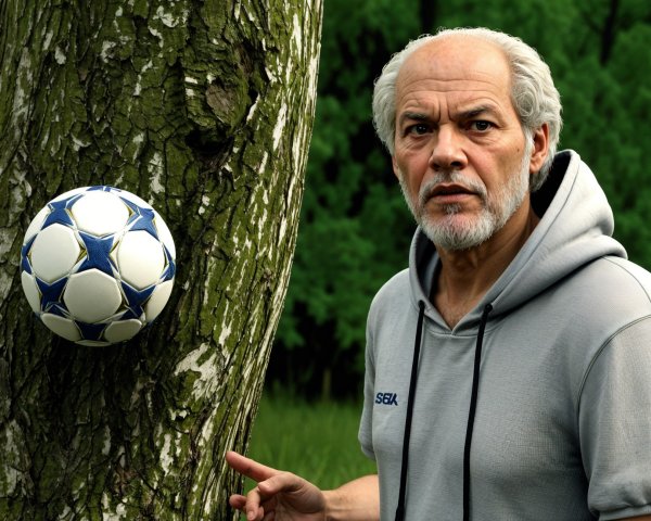 Middle-aged man with gray hair near tree and soccer ball