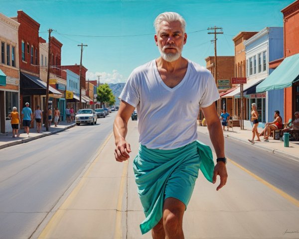 Middle-aged man running on a colorful storefront street