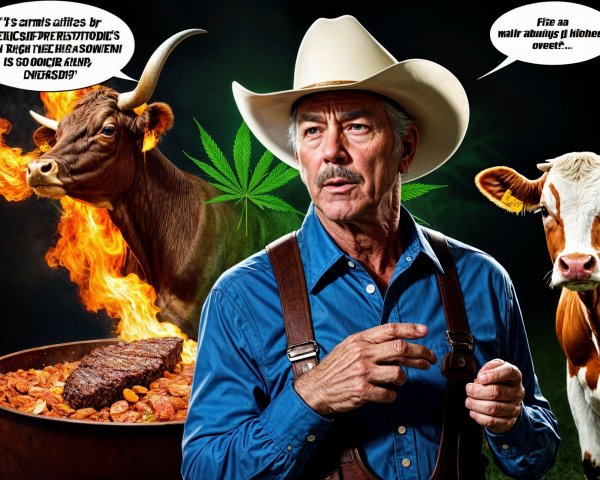 Cowboy Hat Man with Fire, Cow, and Cannabis Leaves