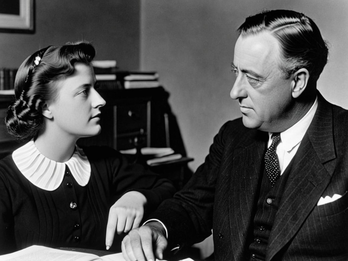 Black-and-white photo of a girl and a man conversing