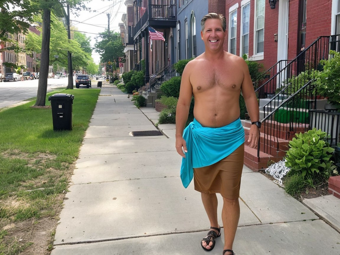 Shirtless man walking on tree-lined neighborhood sidewalk