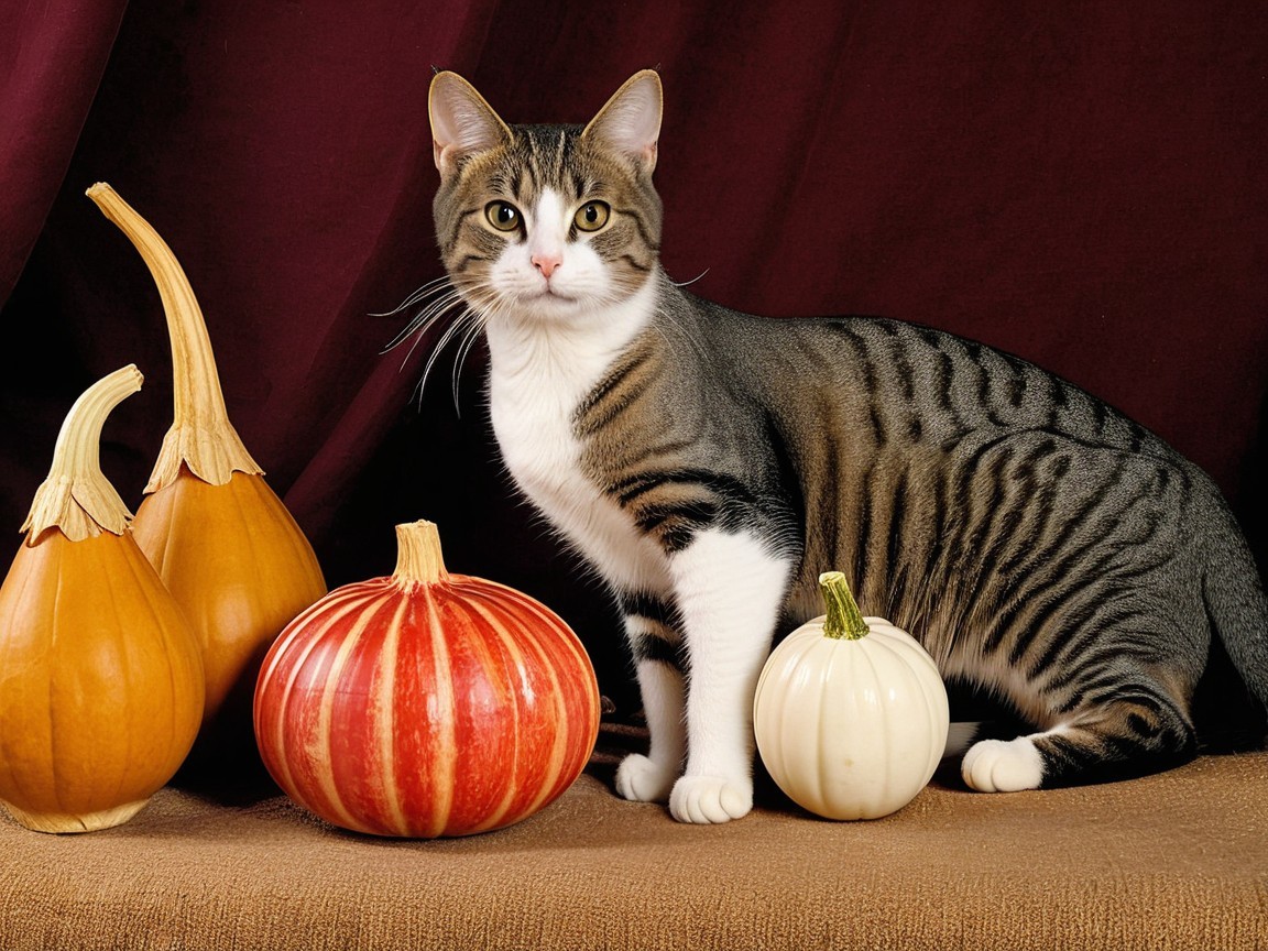Tabby Cat Among Decorative Pumpkins in Autumn Setting