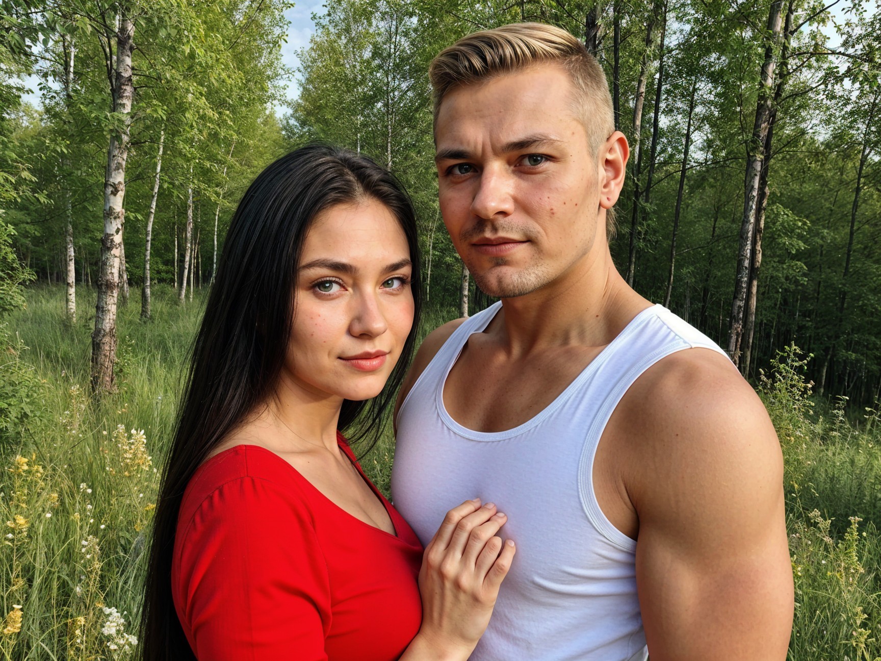Couple in Forest Surrounded by Lush Greenery