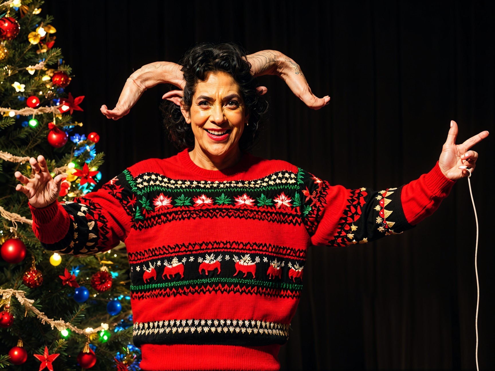 Cheerful Woman by Decorated Christmas Tree