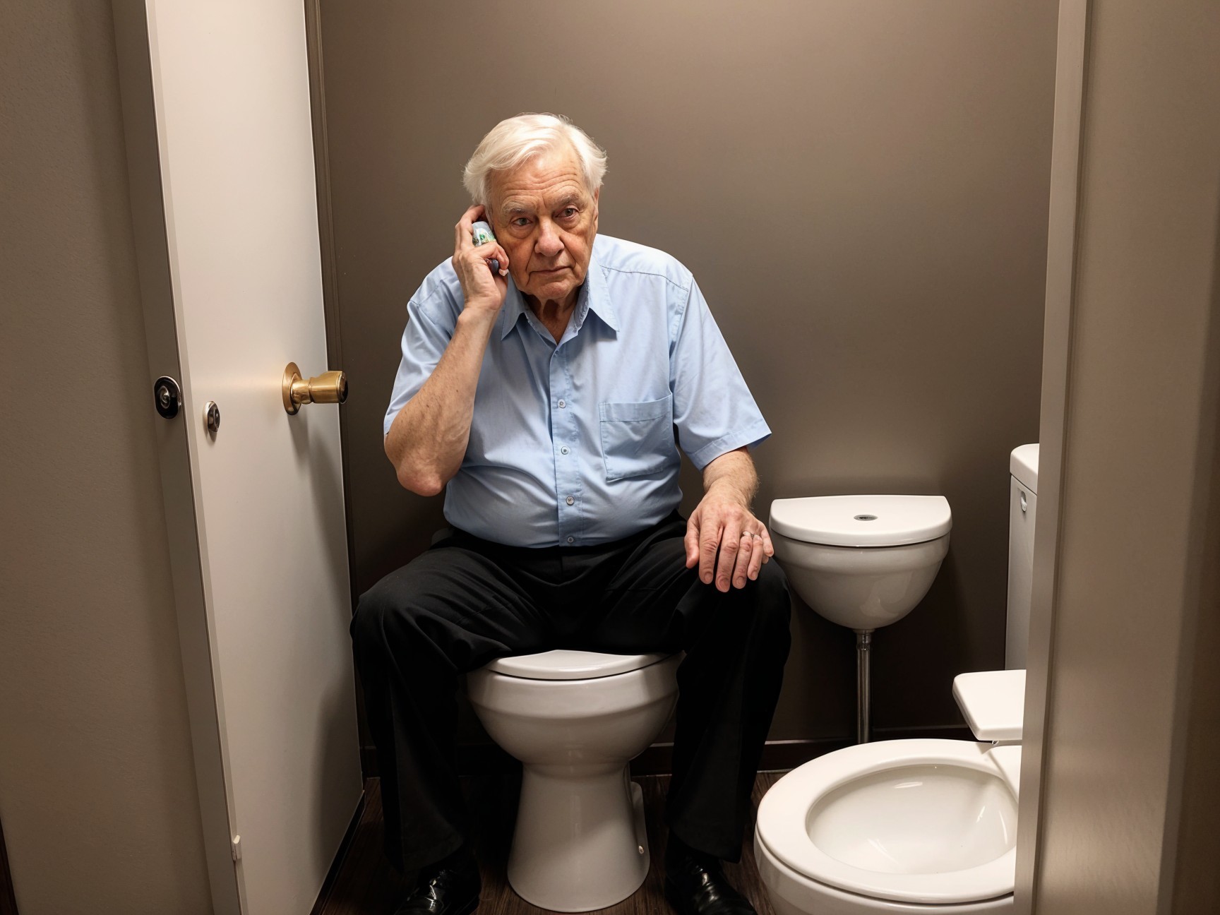 Elderly Man on Toilet in Small Bathroom Setting