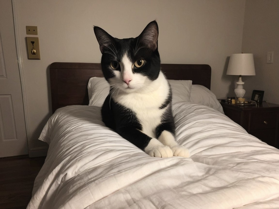 Black and white cat on a neatly made bed