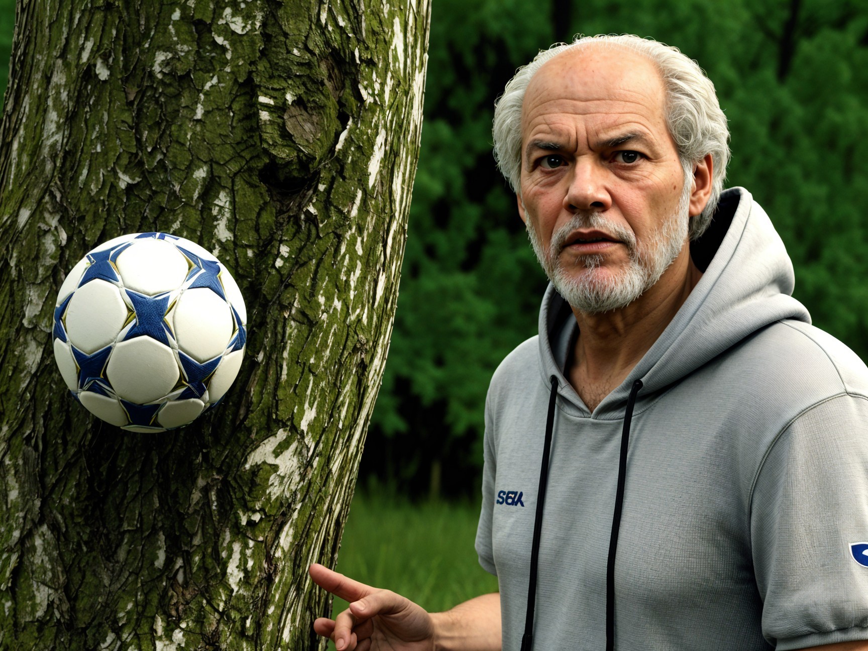 Middle-aged man with gray hair near tree and soccer ball