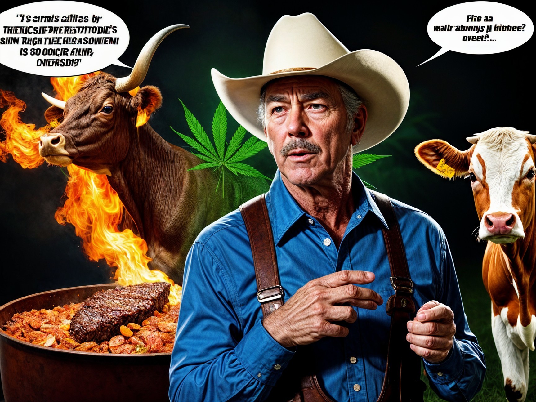 Cowboy Hat Man with Fire, Cow, and Cannabis Leaves