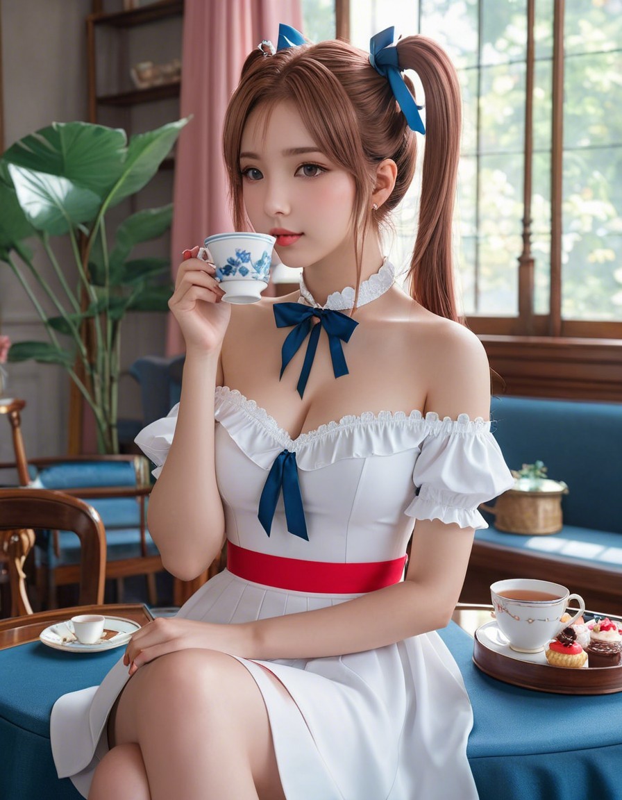 Young Woman in White Dress in Cozy Interior Setting