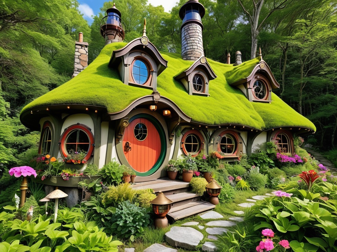 Whimsical Cottage in a Lush Green Forest Setting