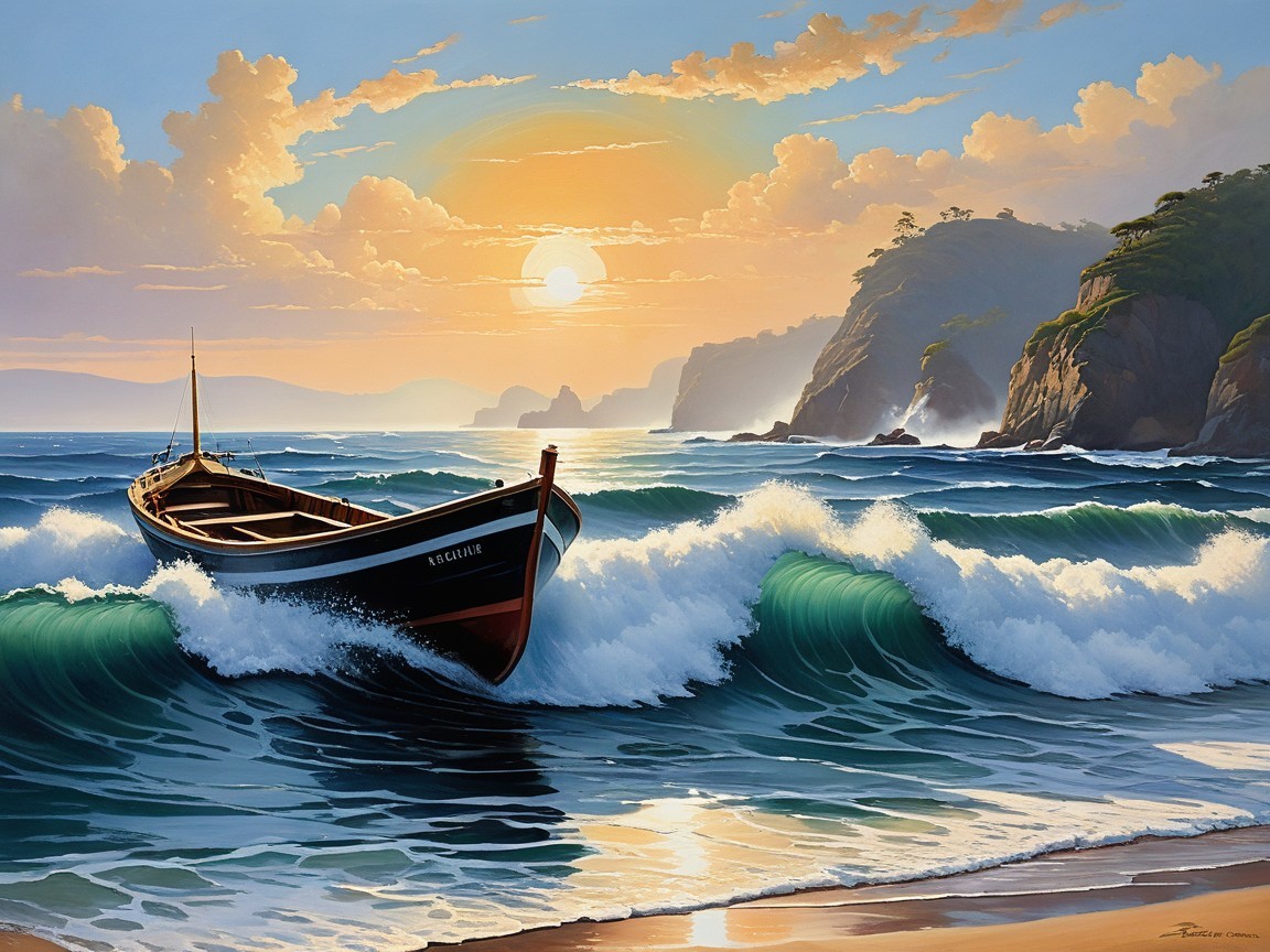 Serene seascape with boat and sunset over cliffs