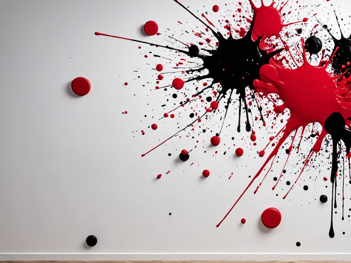 Vivid Red and Black Paint Splatters on White Wall