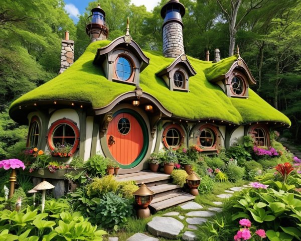 Whimsical Cottage in a Lush Green Forest Setting