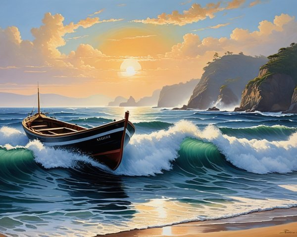 Serene seascape with boat and sunset over cliffs
