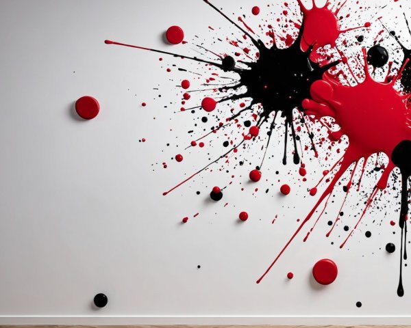Vivid Red and Black Paint Splatters on White Wall