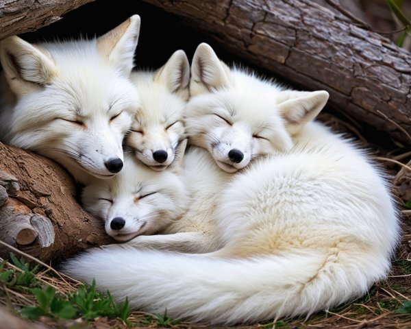 Group of Four White Arctic Foxes Sleeping Together