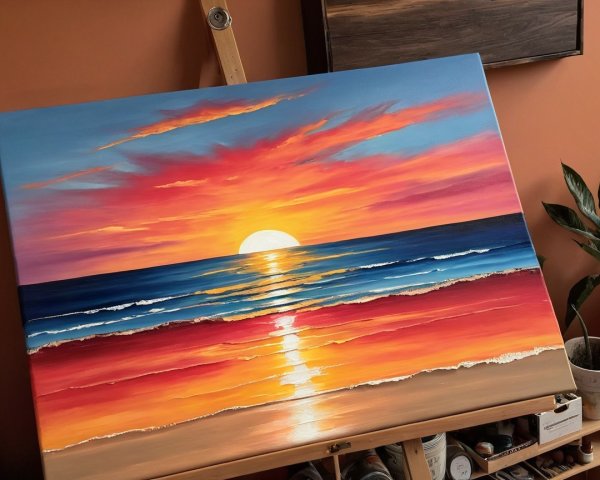 Vibrant Sunset Painting of a Serene Beach Scene