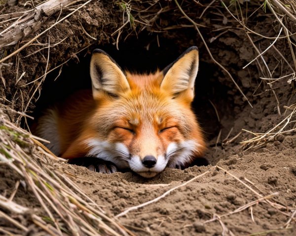 Cozy Red Fox Nestled in Natural Burrow Setting