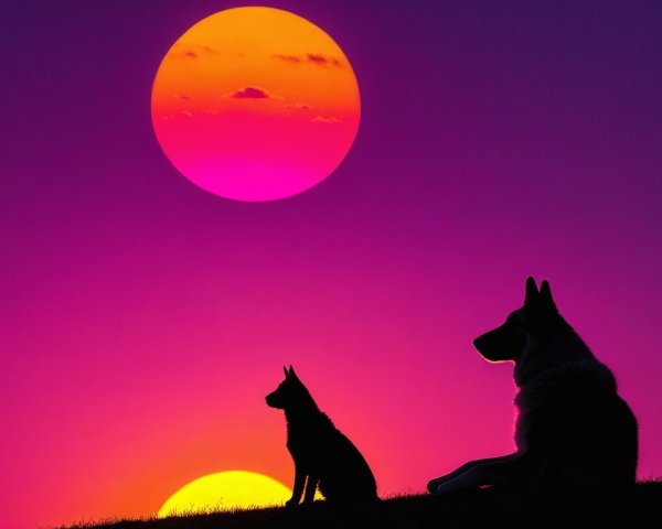 Dogs Silhouetted Against a Vibrant Sunset Sky