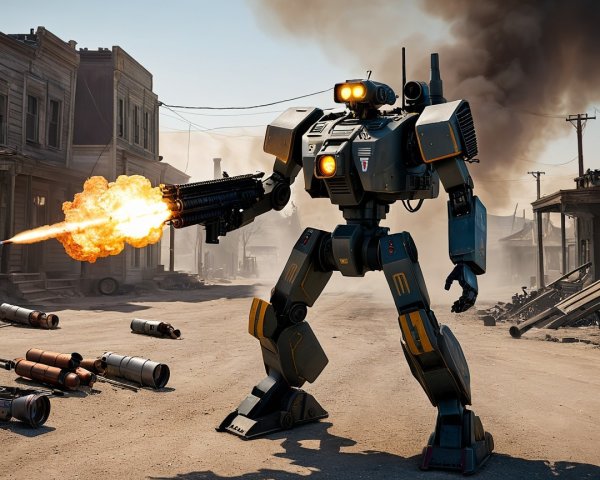 Towering Robot in a War-Torn Street Scene