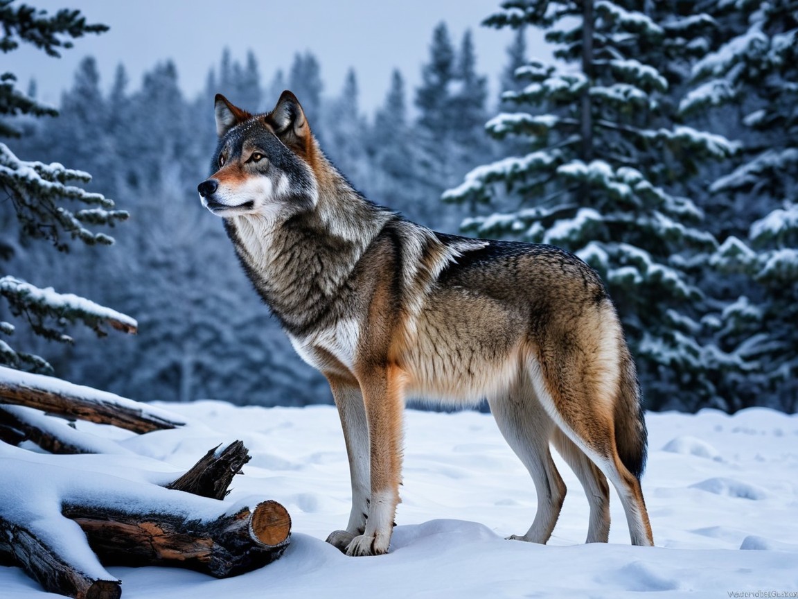 Wolf in Snowy Forest with Evergreen Trees