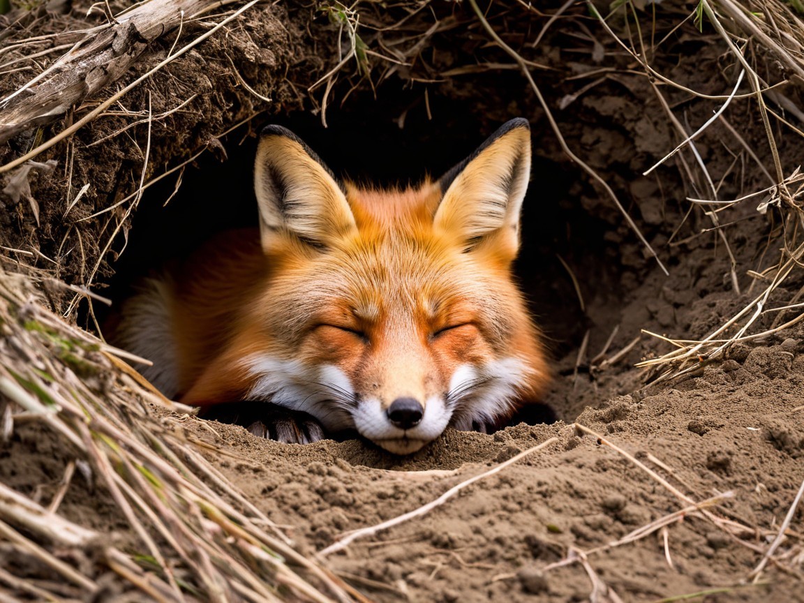 Cozy Red Fox Nestled in Natural Burrow Setting