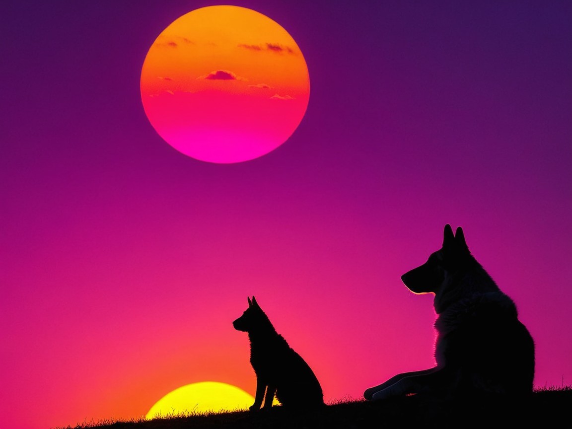 Dogs Silhouetted Against a Vibrant Sunset Sky