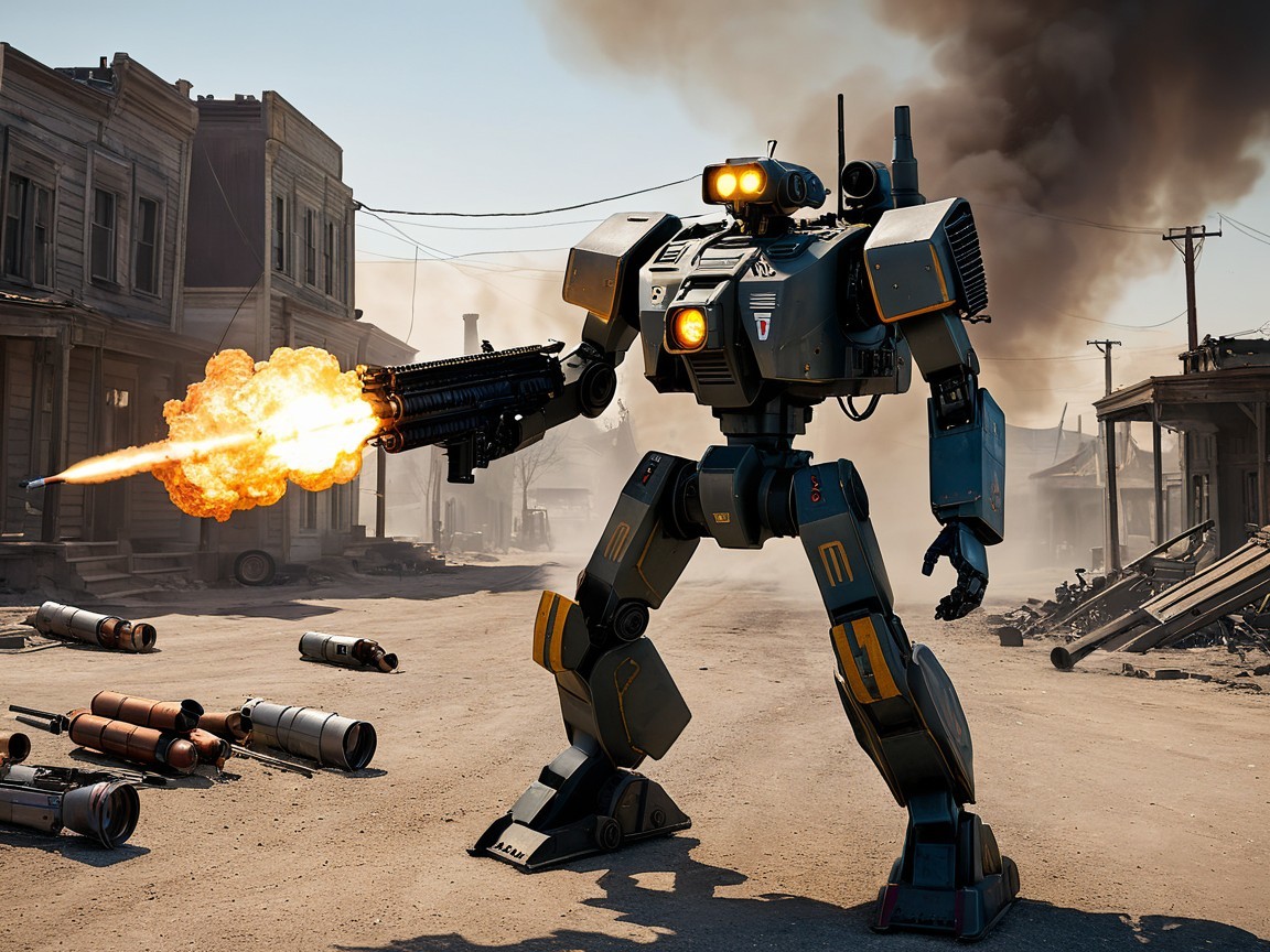 Towering Robot in a War-Torn Street Scene