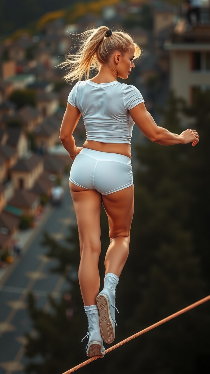 Woman Balancing on Tightrope in Scenic Setting