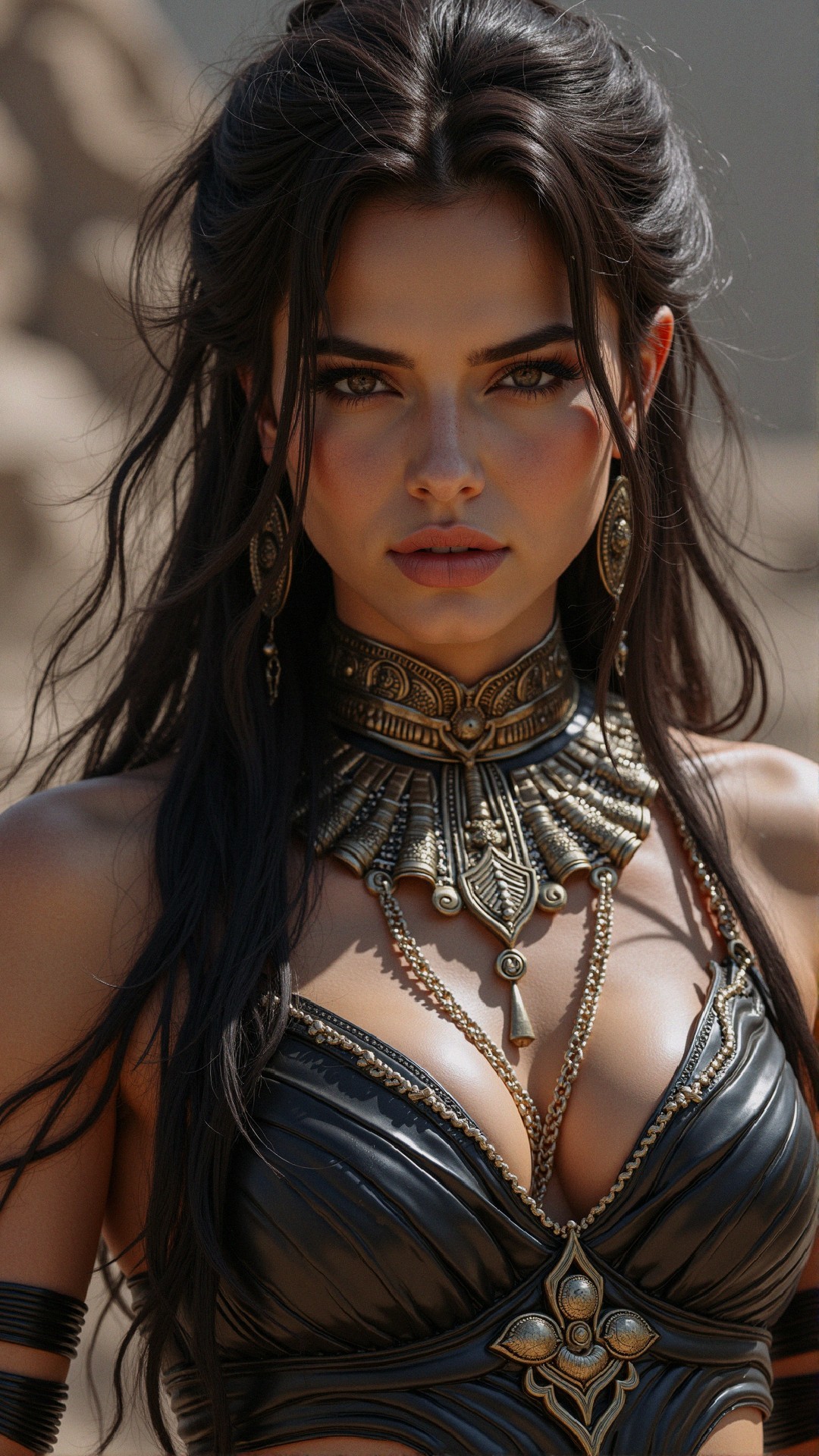 Confident Female Figure in Ornate Dark Leather Outfit
