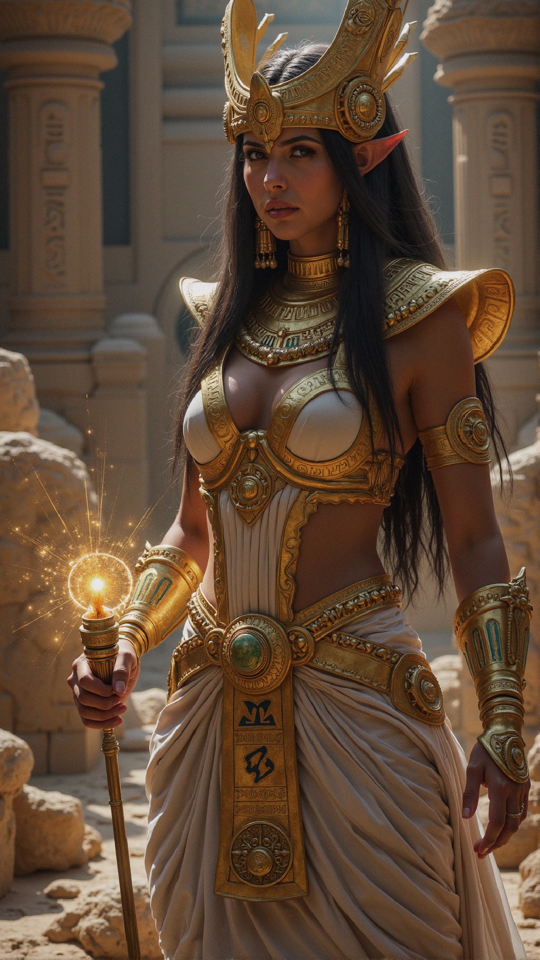 Majestic Figure in Ancient Ruins with Golden Armor