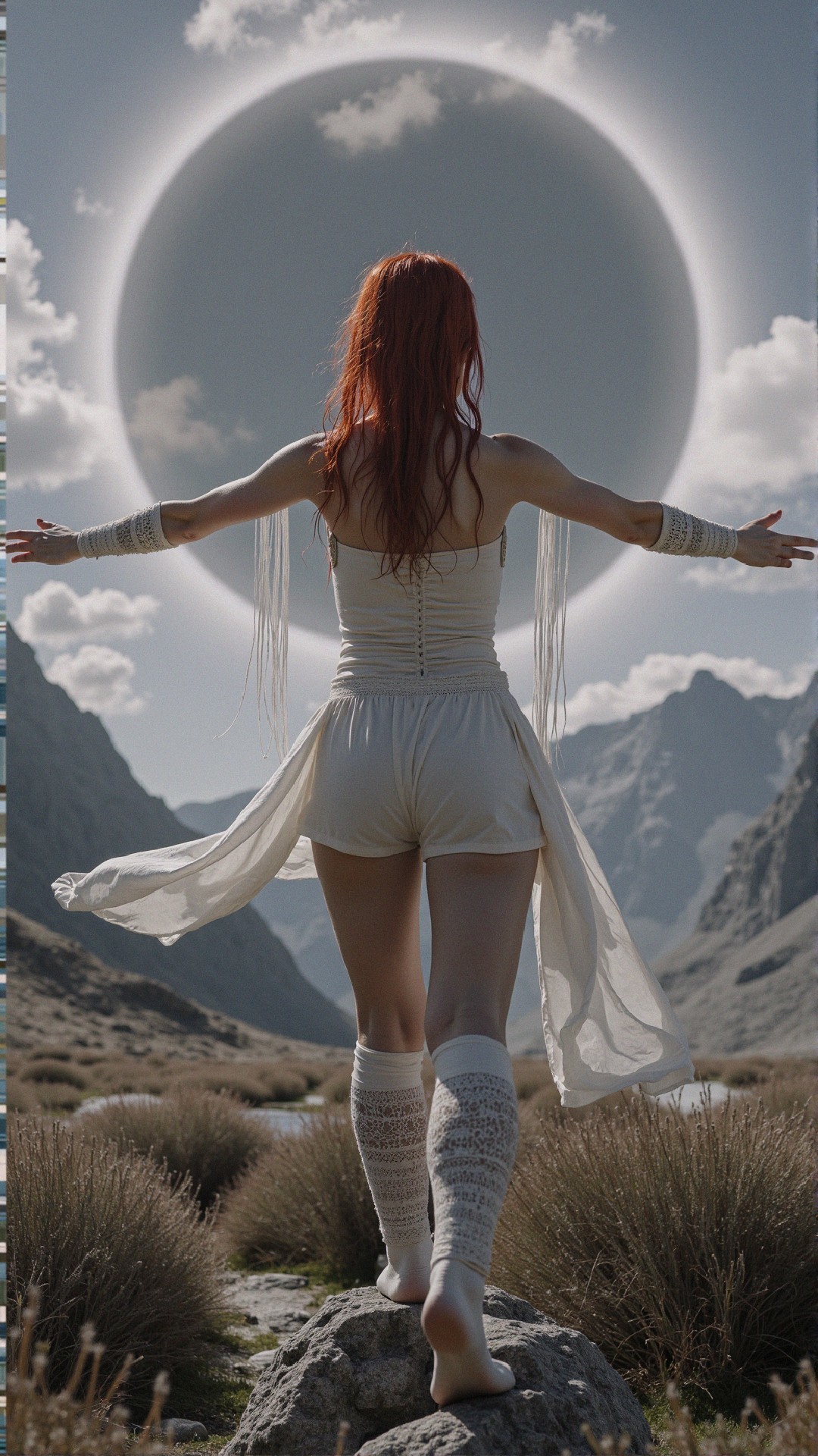 Figure with arms outstretched near luminous celestial body