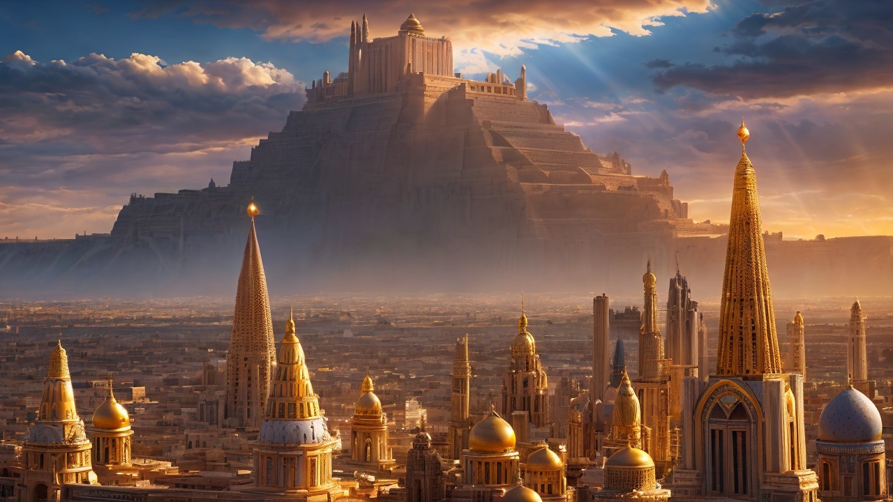 Fantasy Cityscape with Pyramid Structure and Towers