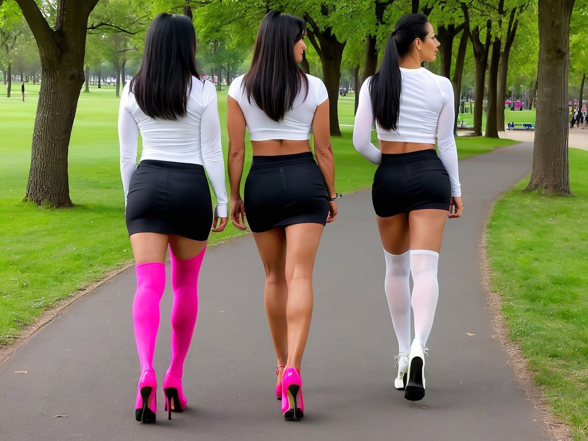 Women in Stylish Outfits on Park Pathway