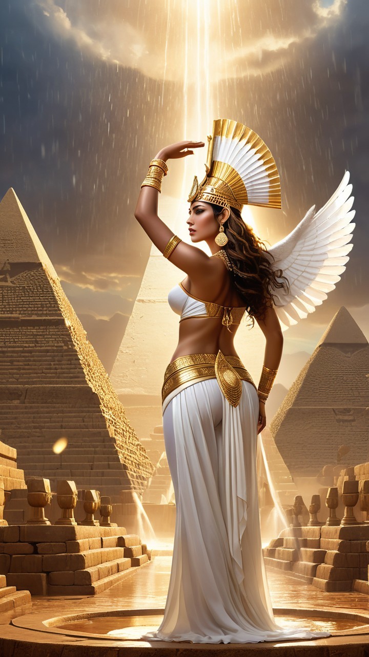Ancient Egyptian Queen Before Pyramids in Golden Light