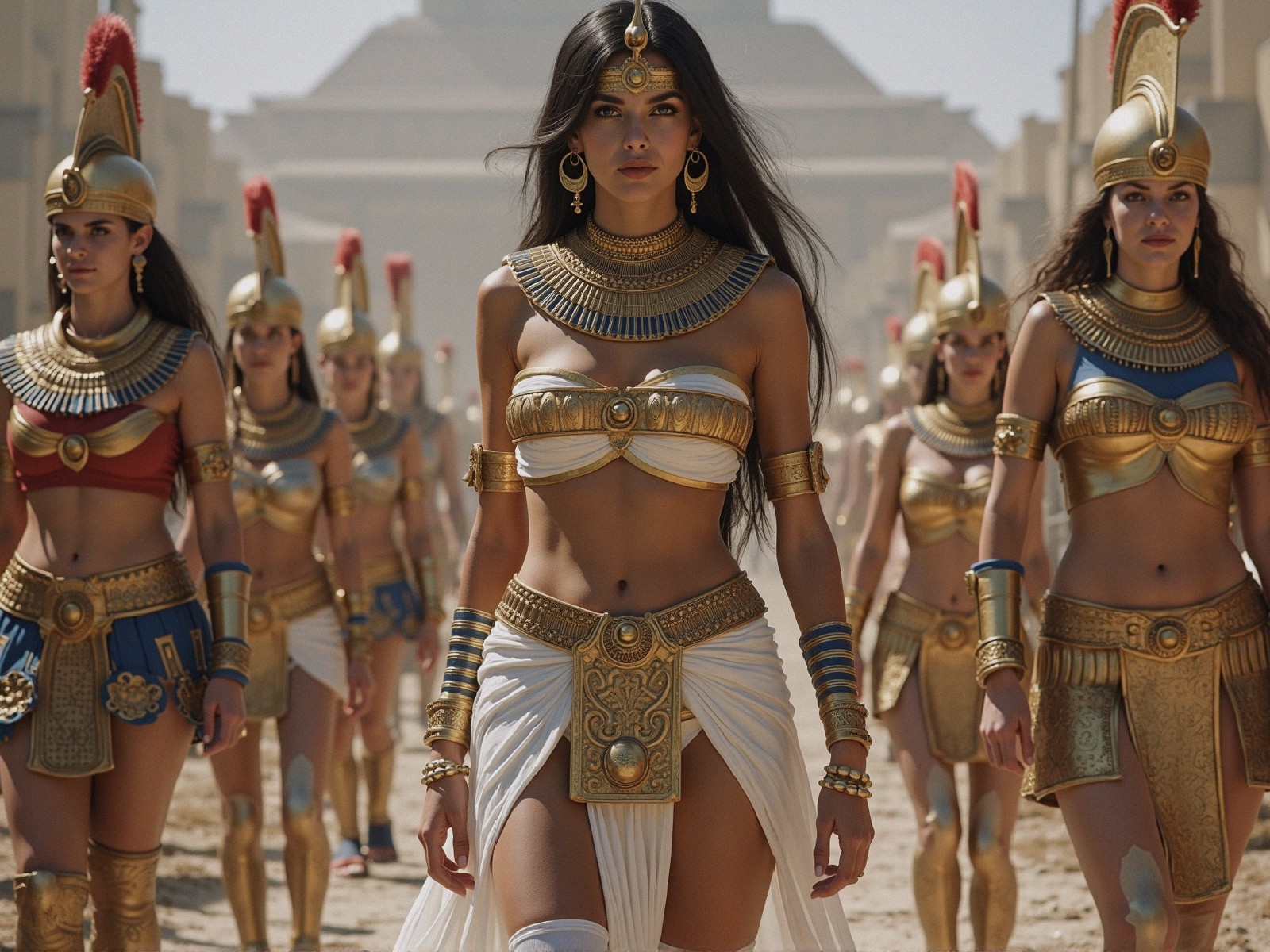 Women in Ancient Egyptian-Inspired Attire in Landscape
