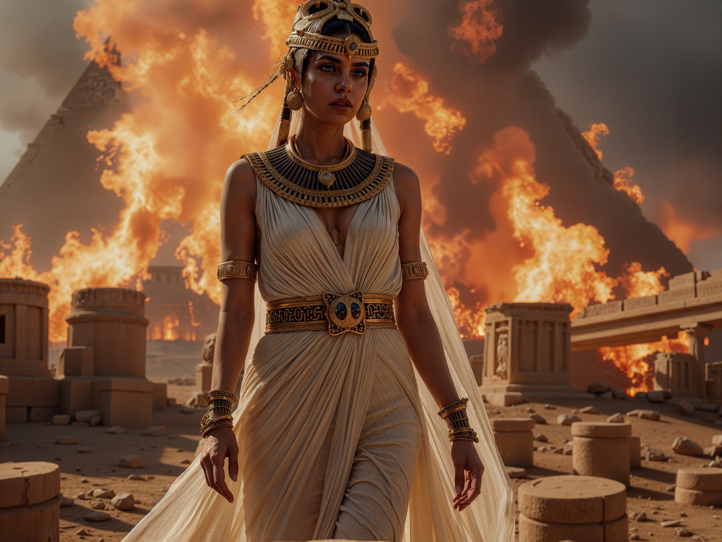 Regal figure in white gown with pyramids and flames