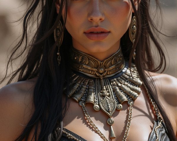 Confident Female Figure in Ornate Dark Leather Outfit