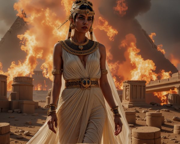 Regal figure in white gown with pyramids and flames