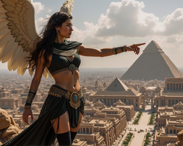 Majestic Winged Figure Overlooking Ancient City