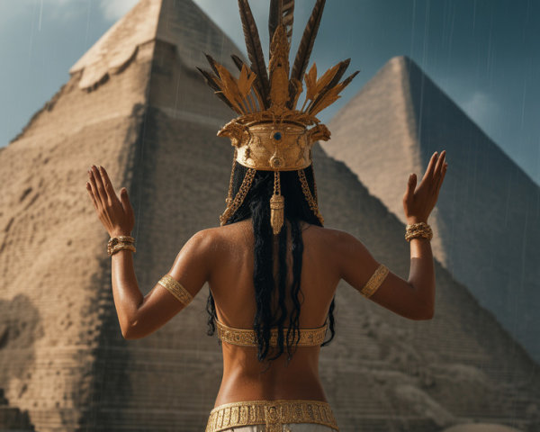 Ancient Egyptian Figure Against Pyramids and Sky