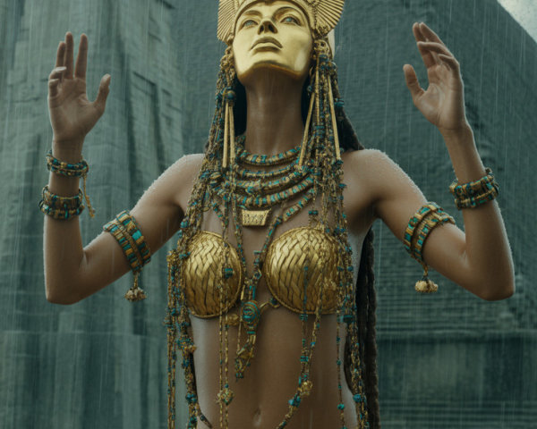 Ancient Egyptian Figure in Rain with Gold Jewelry