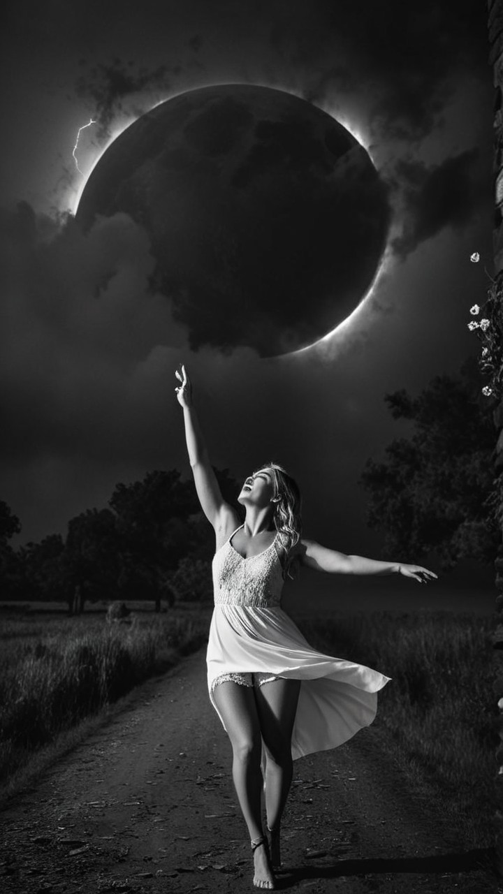 Woman in White Dress Dances Under Dramatic Sky