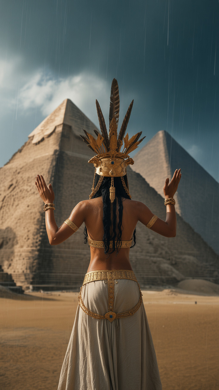 Ancient Egyptian Figure Against Pyramids and Sky