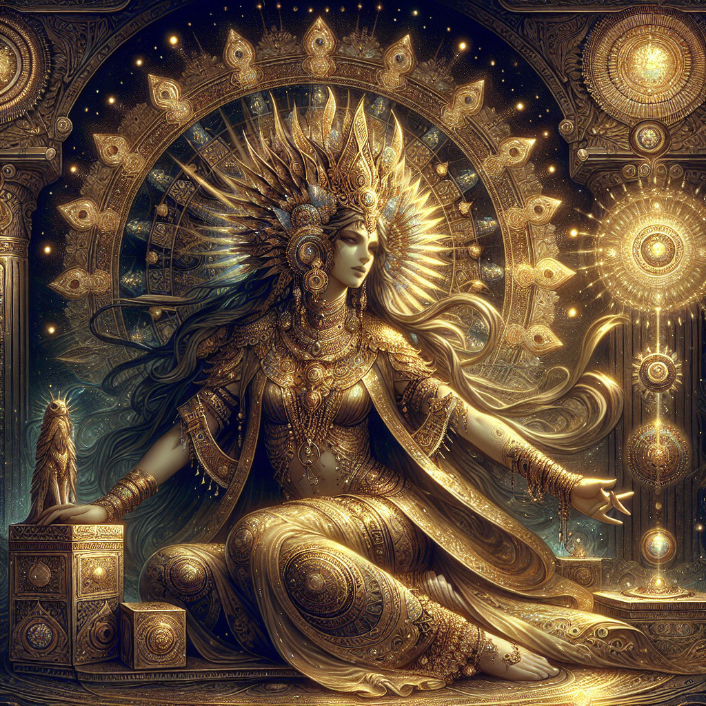 Majestic figure in golden attire against cosmic backdrop