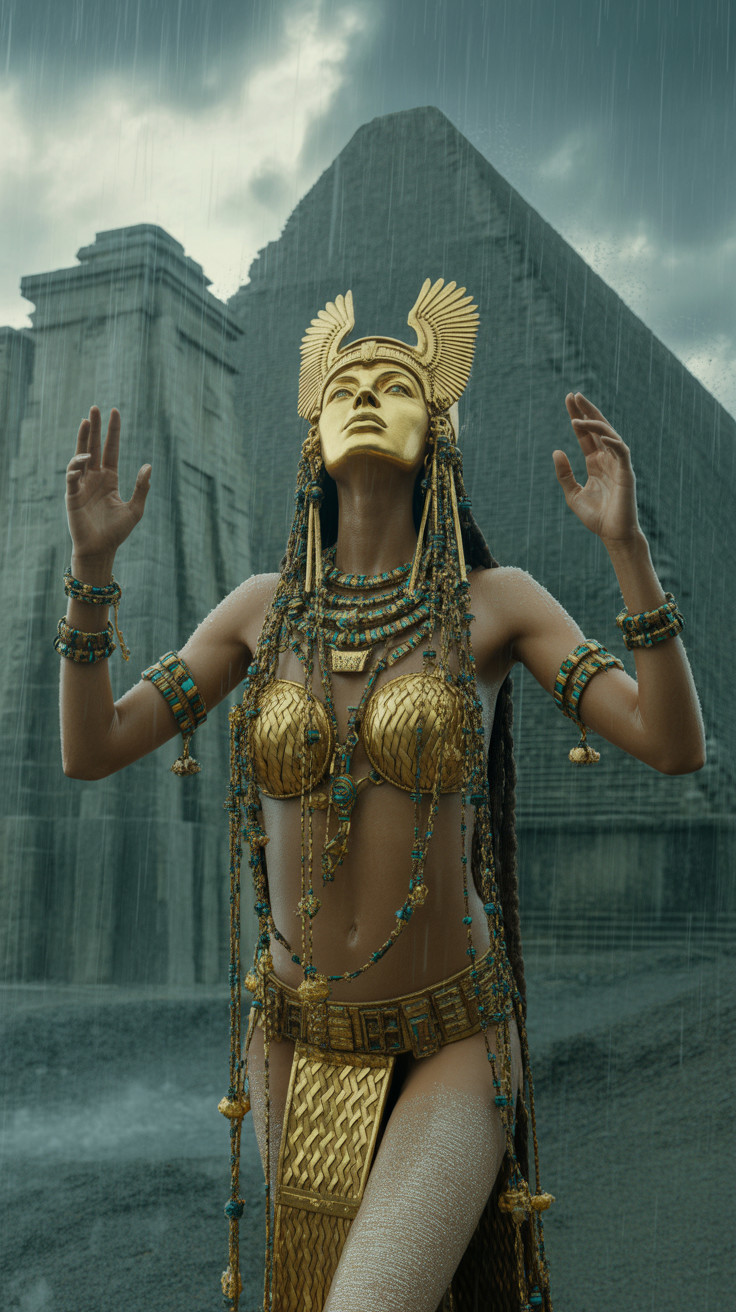 Ancient Egyptian Figure in Rain with Gold Jewelry