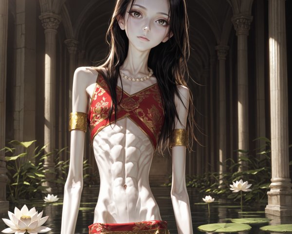 Ethereal Figure in Red Outfit Surrounded by Lotus Flowers