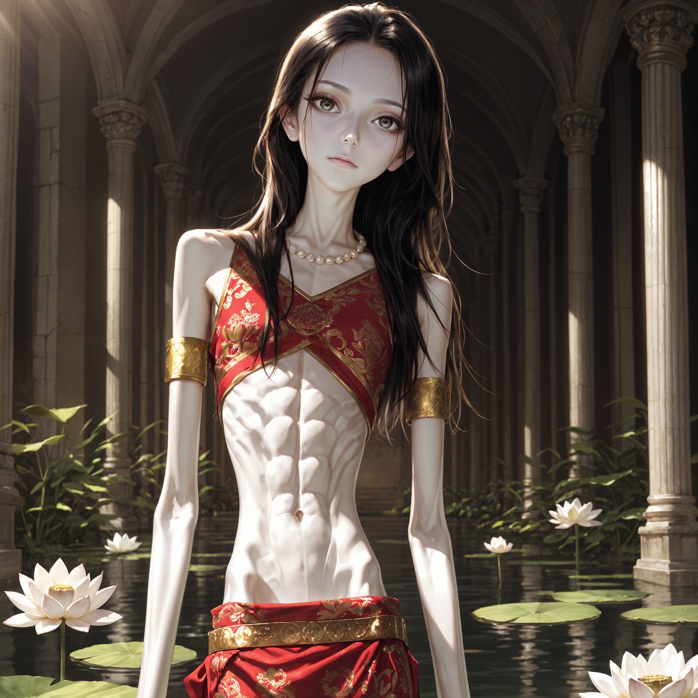 Ethereal Figure in Red Outfit Surrounded by Lotus Flowers