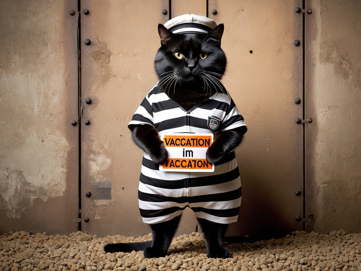 Black Cat in Prisoner Outfit with Comical Backdrop