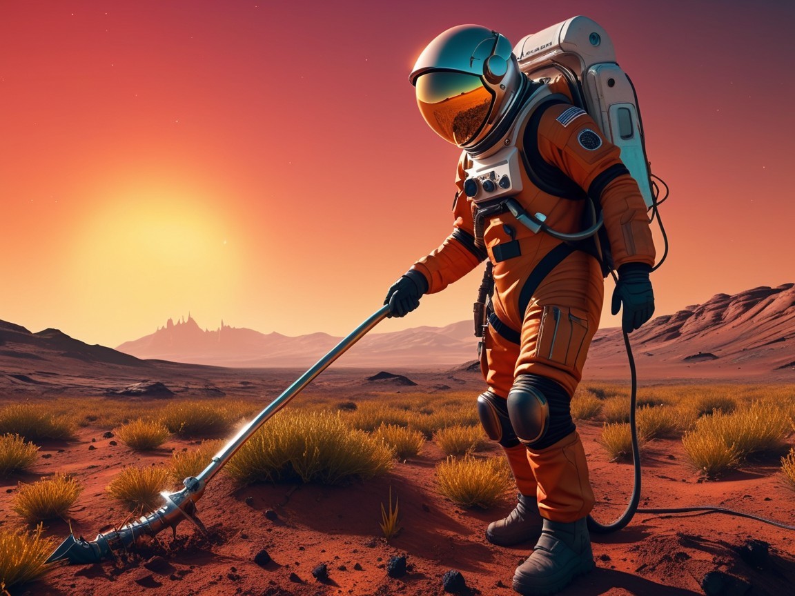 Astronaut in Orange Suit on Reddish Alien Landscape